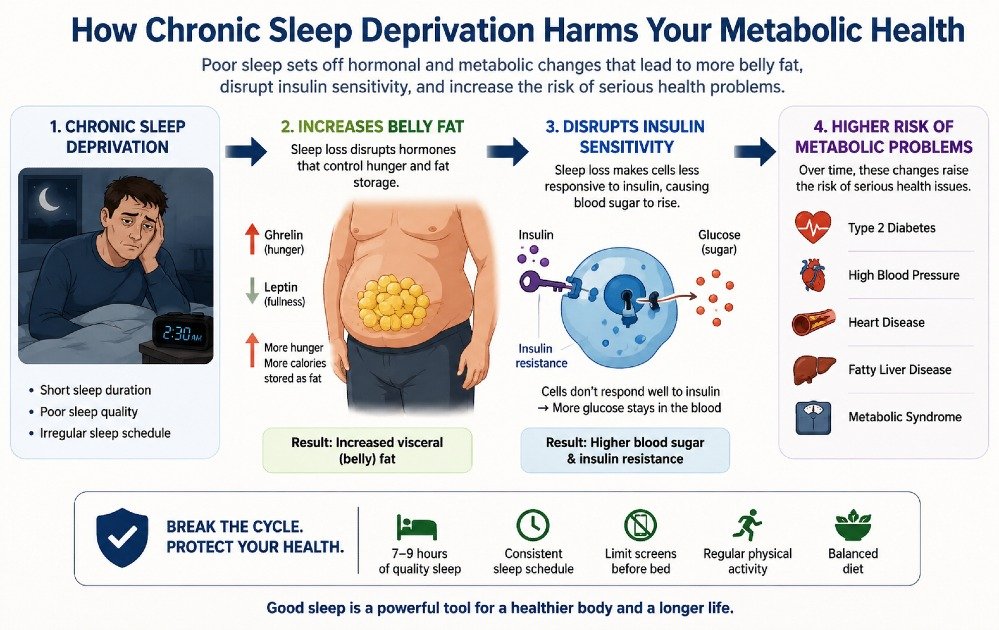 Illustration showing how chronic sleep deprivation increases belly fat, disrupts insulin sensitivity, and raises the risk of metabolic health problems.
