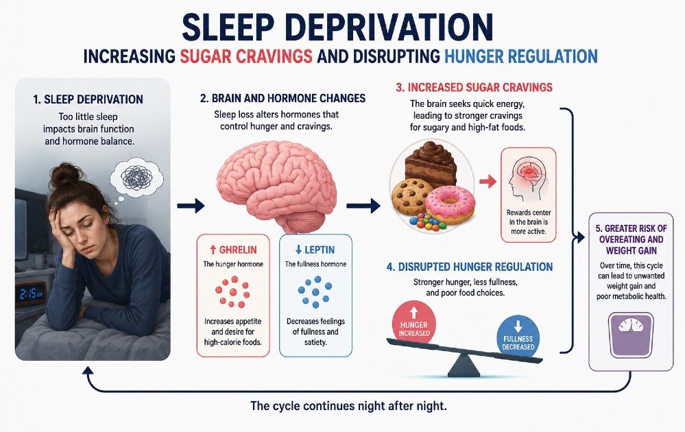 Sleep deprivation increasing sugar cravings and disrupting hunger regulation