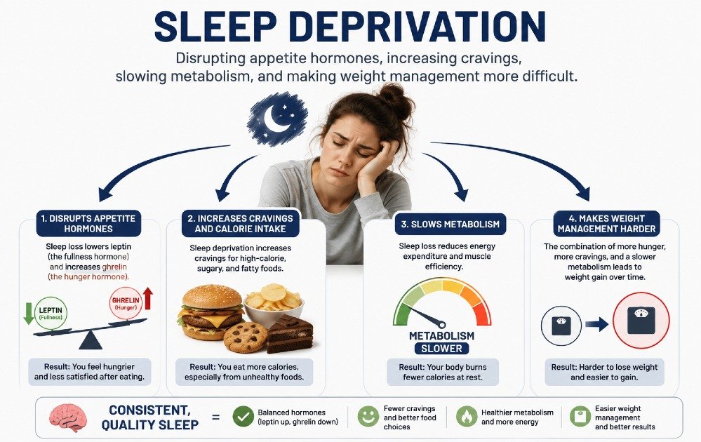 Sleep deprivation disrupting appetite hormones, increasing cravings, slowing metabolism, and making weight management more difficult.