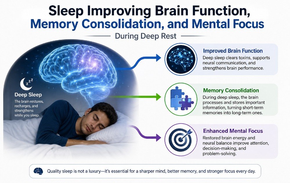 Sleep improving brain function, memory consolidation, and mental focus during deep rest