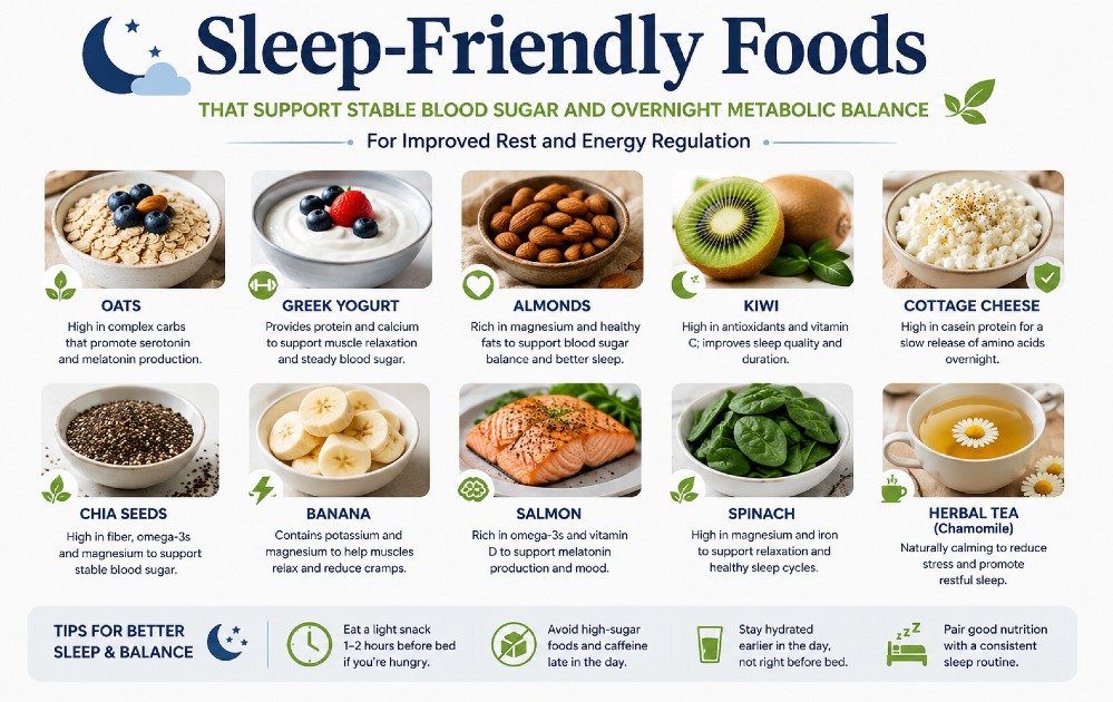 Sleep-friendly foods that support stable blood sugar and overnight metabolic balance for improved rest and energy regulation.