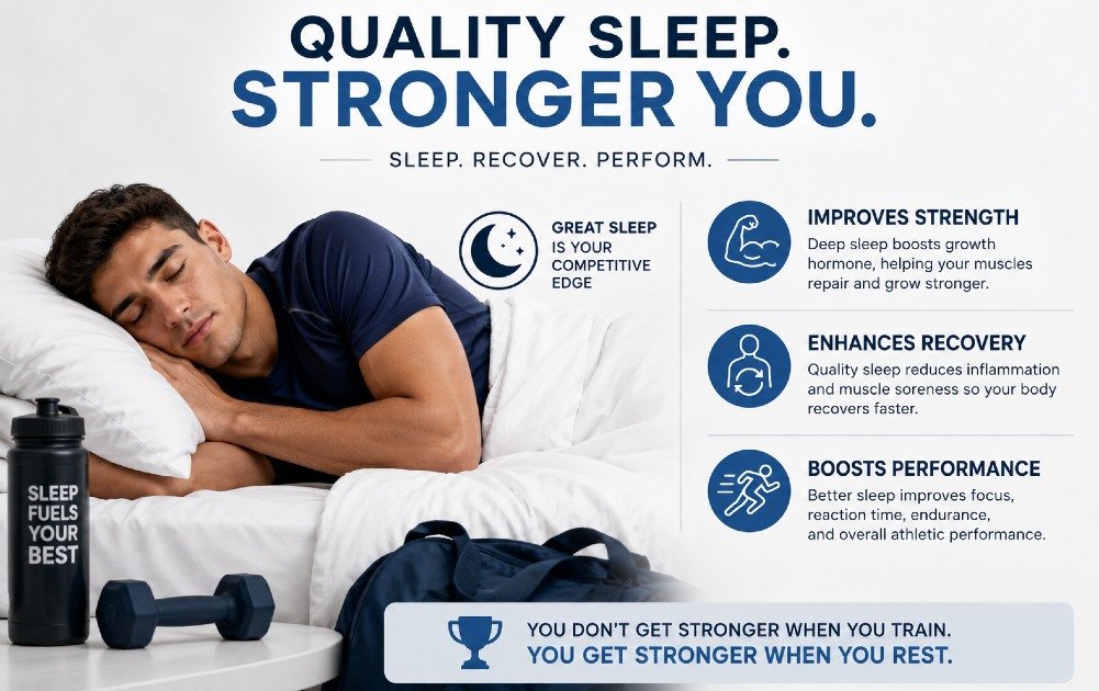 Athlete sleeping peacefully, showing how quality sleep improves strength, recovery, and physical performance.