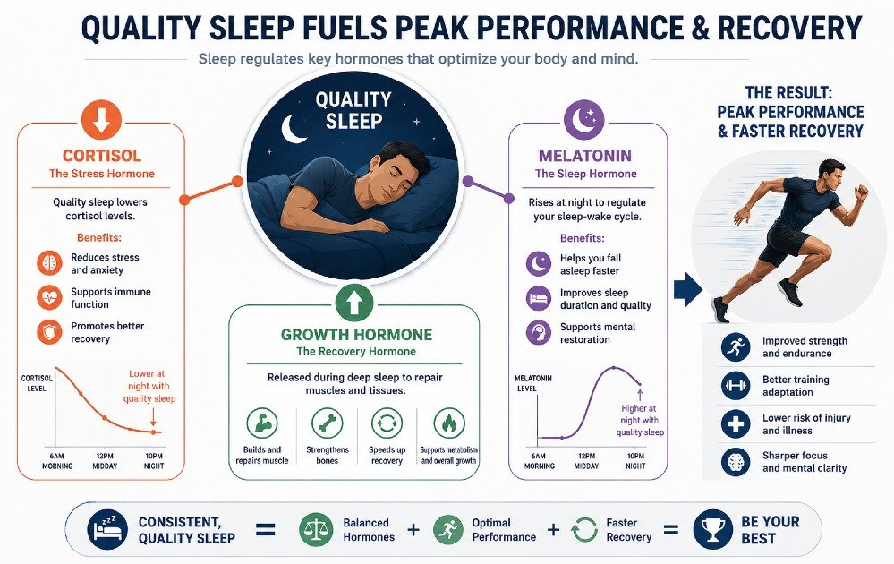 Illustration showing how quality sleep regulates hormones like cortisol, growth hormone, and melatonin to support peak physical performance and recovery.