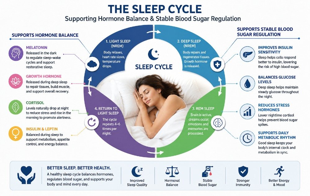 Sleep cycle supporting hormone balance and stable blood sugar regulation in the human body.