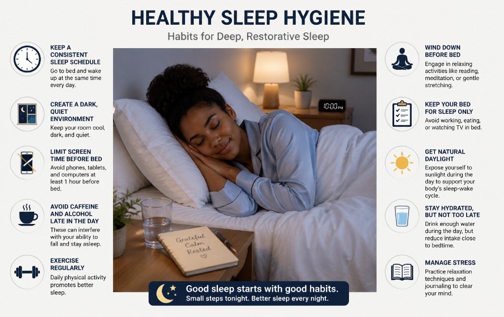 Person following healthy sleep hygiene habits to support deep, restorative sleep quality