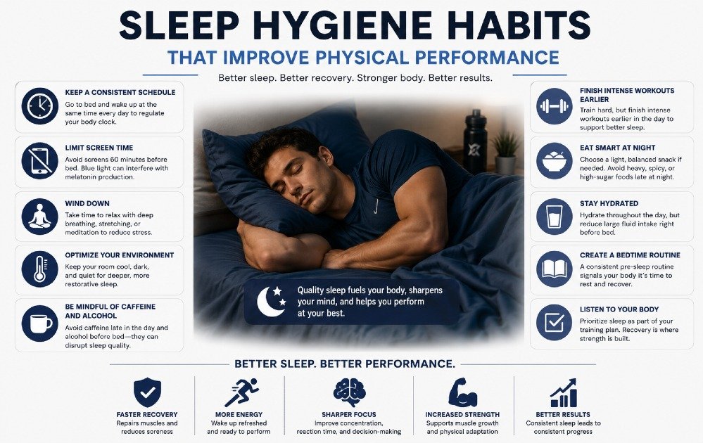 Sleep hygiene habits that improve physical performance, showing nighttime routine elements that support recovery, energy, and athletic strength.