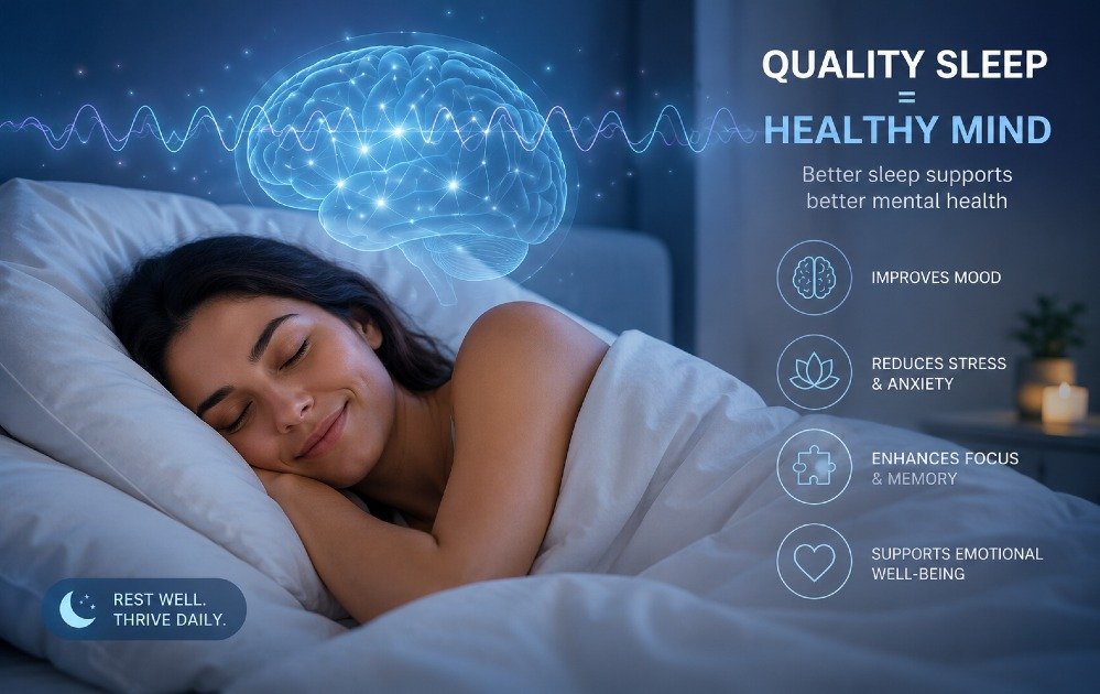 Person sleeping peacefully in bed with calming overlay symbols representing brain activity, showing the link between sleep quality and mental health.