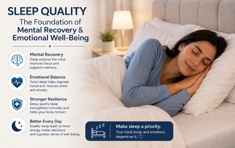 Person sleeping peacefully, highlighting sleep quality as the foundation of mental recovery and emotional well-being.