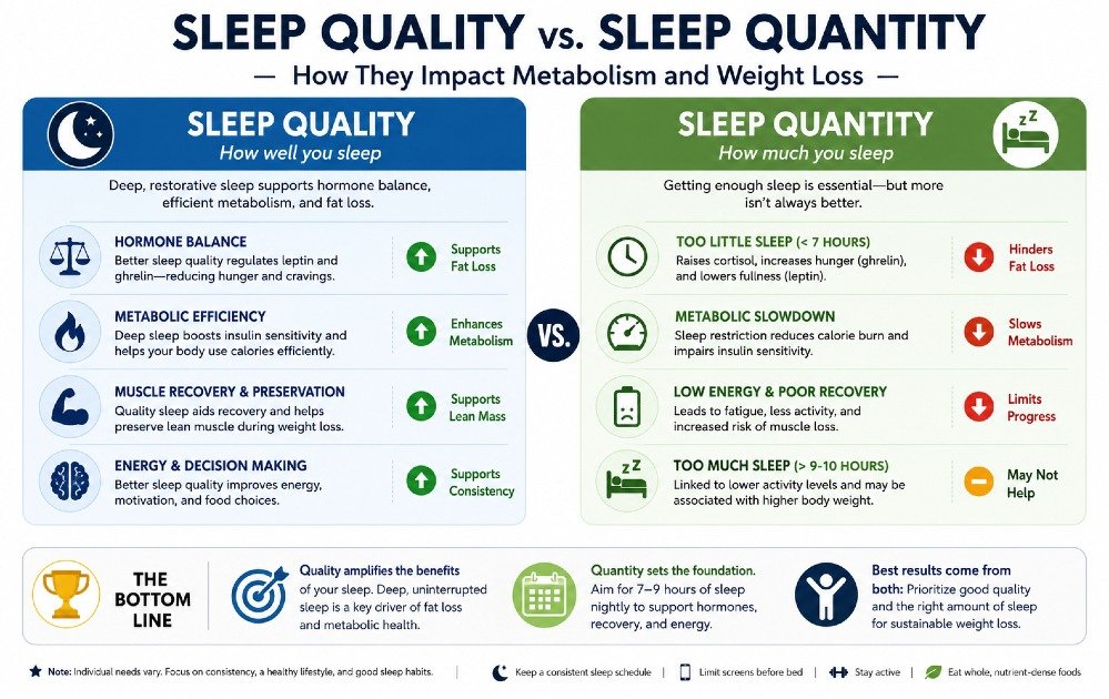 Infographic comparing sleep quality and sleep quantity, showing how restorative sleep supports metabolism, appetite control, fat burning, and healthy weight loss.