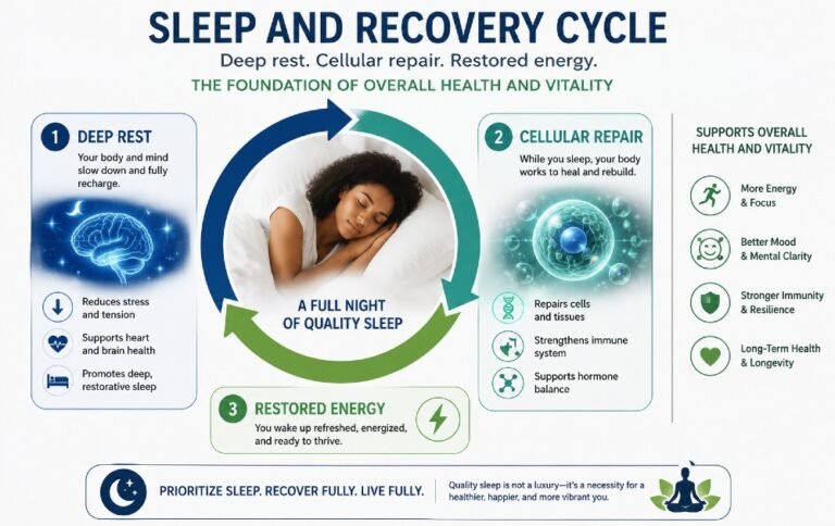 Sleep and recovery cycle showing deep rest, cellular repair, and restored energy supporting overall health and vitality