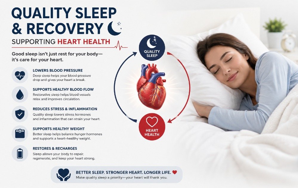 Quality sleep and recovery supporting heart health, illustrating the connection between rest and cardiovascular wellness.