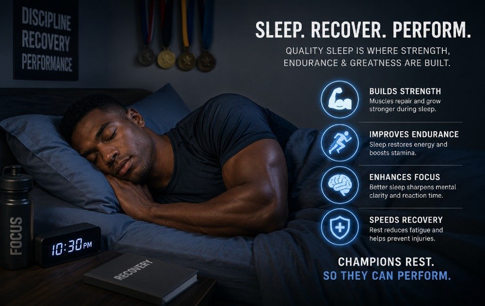 Athlete sleeping peacefully in a dark room, symbolizing how sleep and recovery enhance physical performance, strength, and endurance.