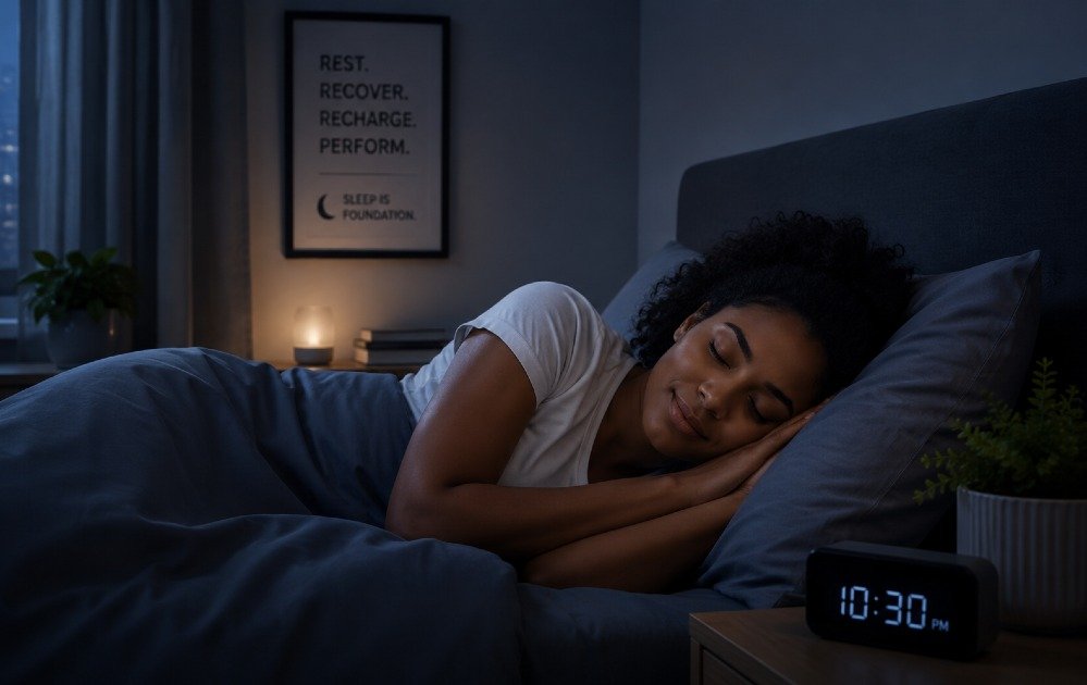 Person sleeping peacefully in a calm, dark bedroom representing sleep and recovery as a critical foundation for health, energy, and performance.