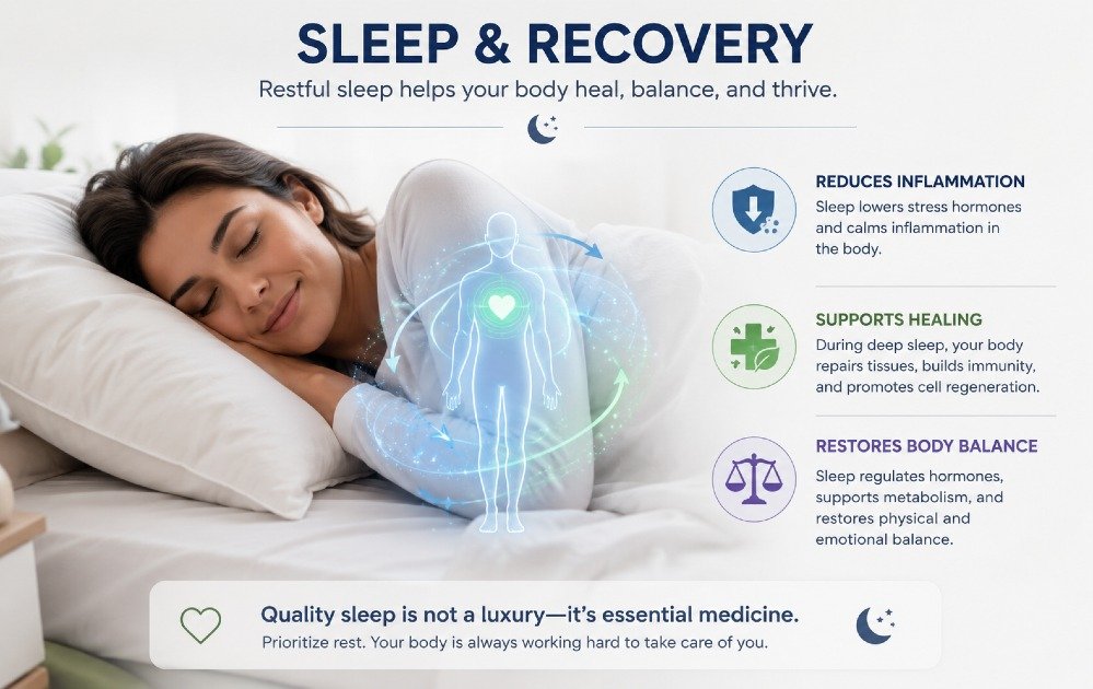 Person sleeping peacefully showing how sleep and recovery help reduce inflammation, support healing, and restore body balance