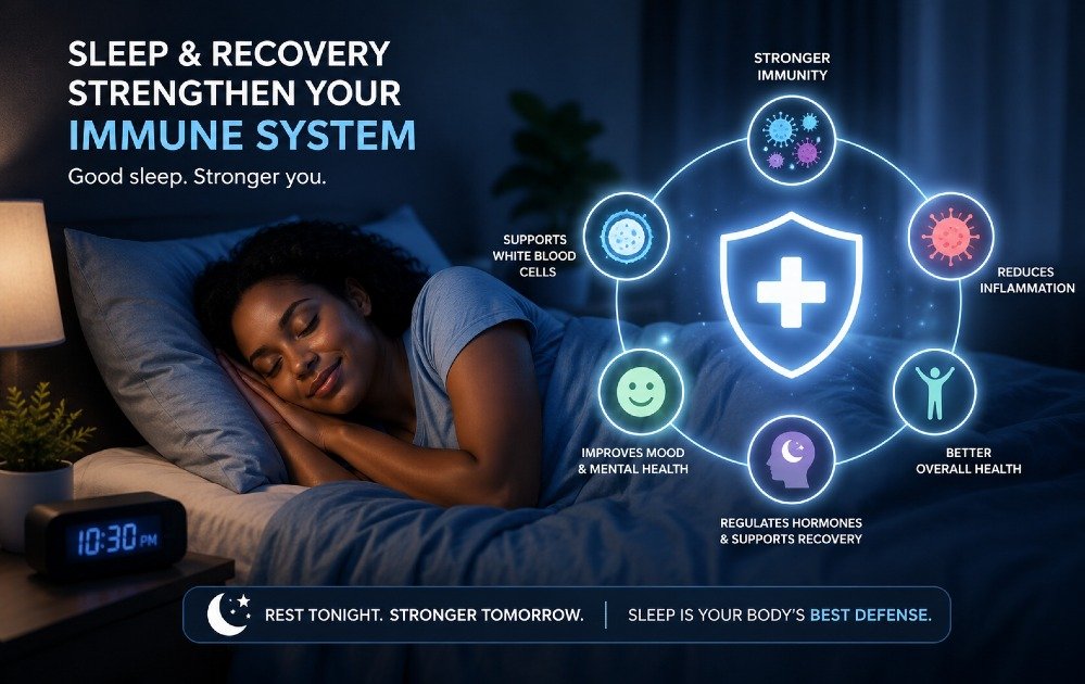 Person sleeping peacefully in a dark, calm room symbolizing how sleep and recovery strengthen the immune system and support overall health.