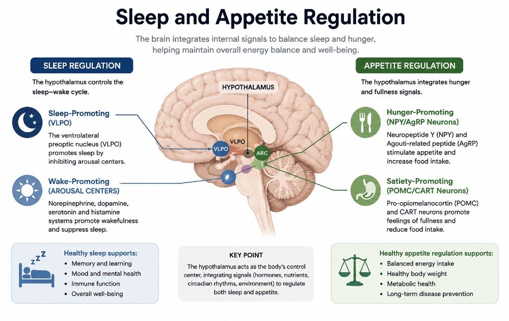 Sleep and appetite regulation showing how rest balances hunger hormones ghrelin and leptin to control appetite and cravings