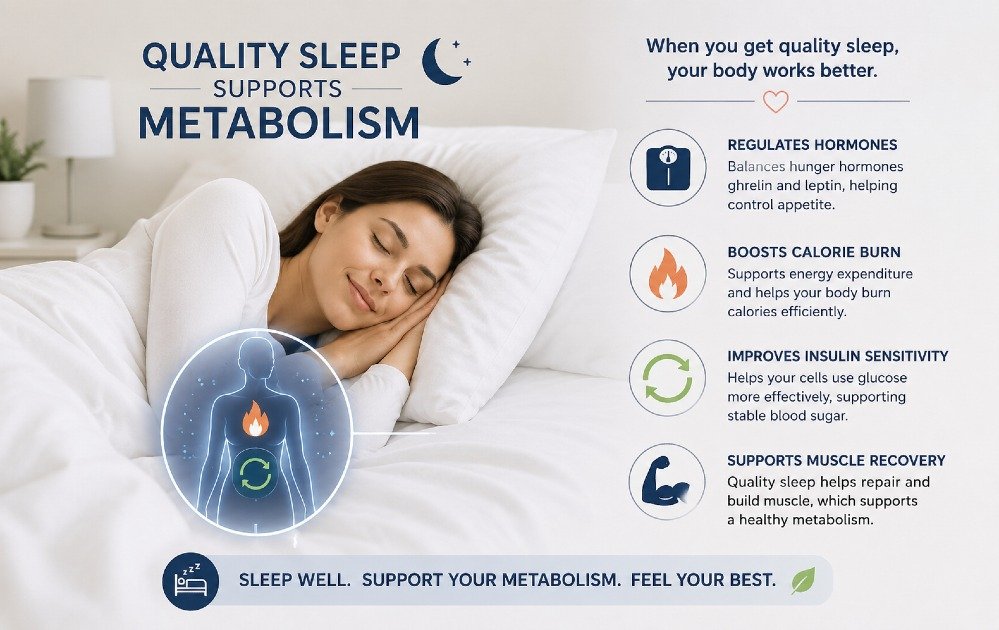 Person sleeping peacefully illustrating how quality sleep supports metabolism, hormone balance, and fat burning for healthy weight management.