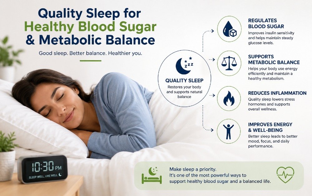 Person sleeping peacefully, illustrating how quality sleep helps regulate healthy blood sugar levels and metabolic balance.