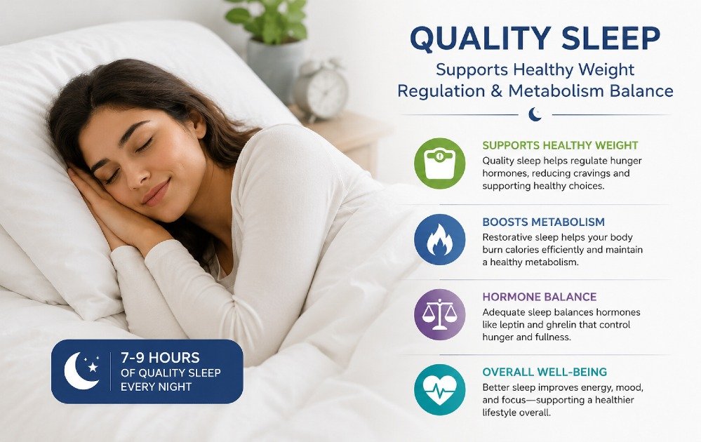 Person sleeping peacefully illustrating how quality sleep supports healthy weight regulation and metabolism balance.