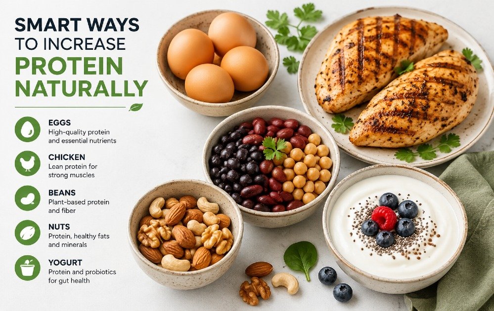 Balanced high-protein foods including eggs, chicken, beans, nuts, and yogurt arranged for healthy natural nutrition.