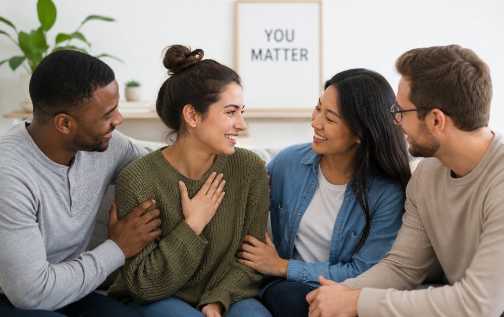 Supportive social interaction between people highlighting emotional connection as a protective factor for mental health and well-being