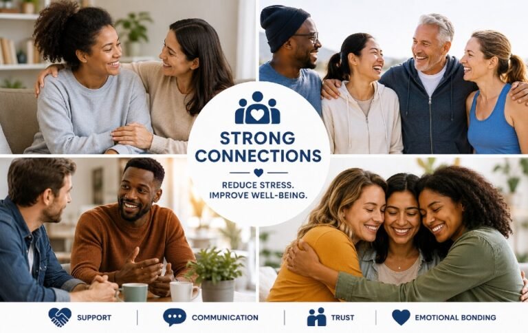 People engaging in positive social connections, showing support, communication, and emotional bonding to reduce stress and improve well-being.