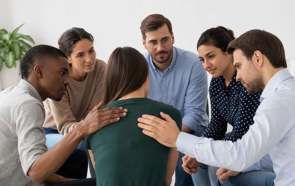 Group of people providing emotional support in a circle, representing mental and social strength through connection