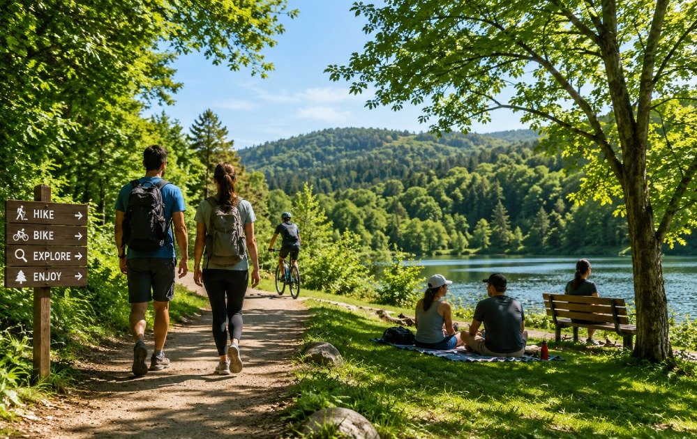 People walking and relaxing outdoors in a natural green environment, encouraging outdoor activity and healthier lifestyle habits.
