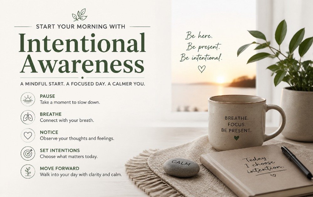 Morning mindfulness practice emphasizing intentional awareness and calm focus