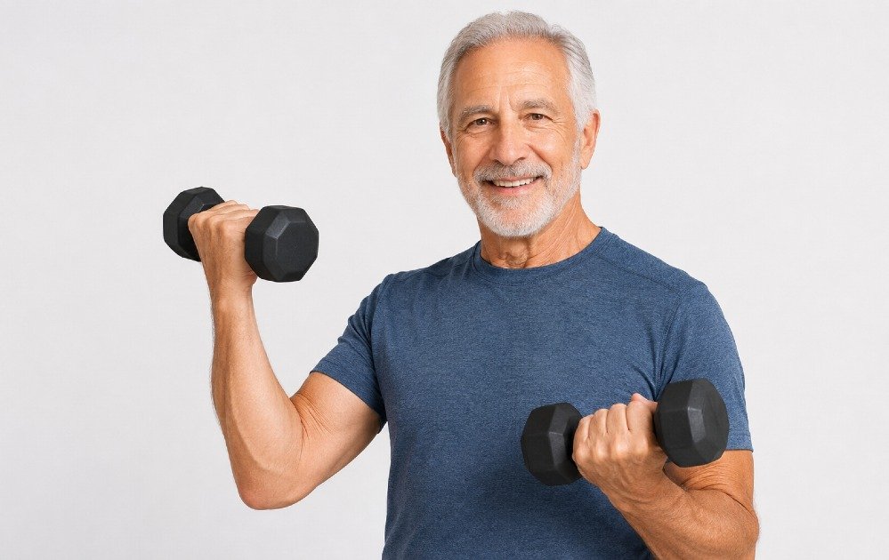 Older adult performing strength training with dumbbells to build muscle, improve balance, and support healthy aging.
