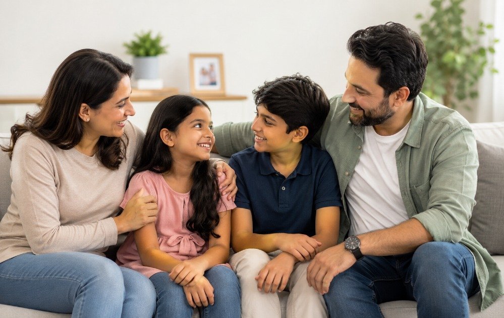 Family sharing a warm moment together, building trust, communication, and emotional connection.
