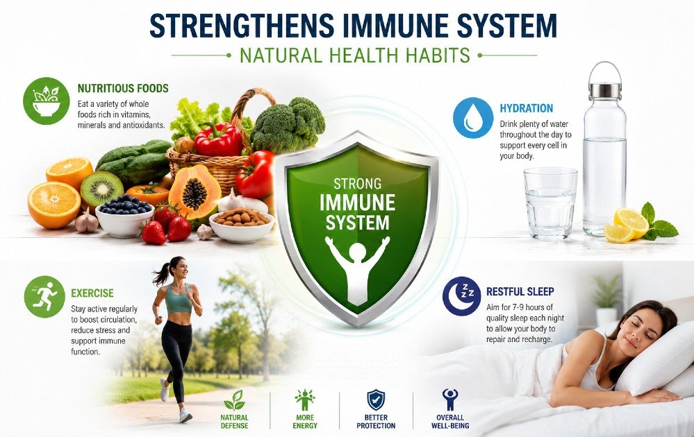 Healthy lifestyle elements supporting a strong immune system, including nutritious foods, hydration, exercise, and restful sleep.