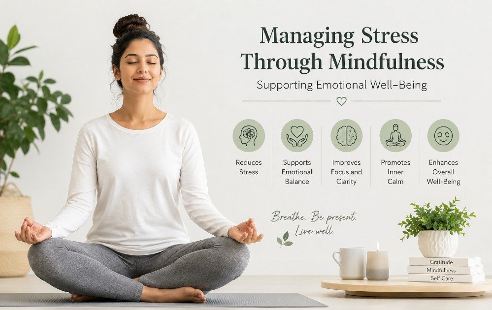 Person calmly managing stress through mindfulness, supporting emotional well-being