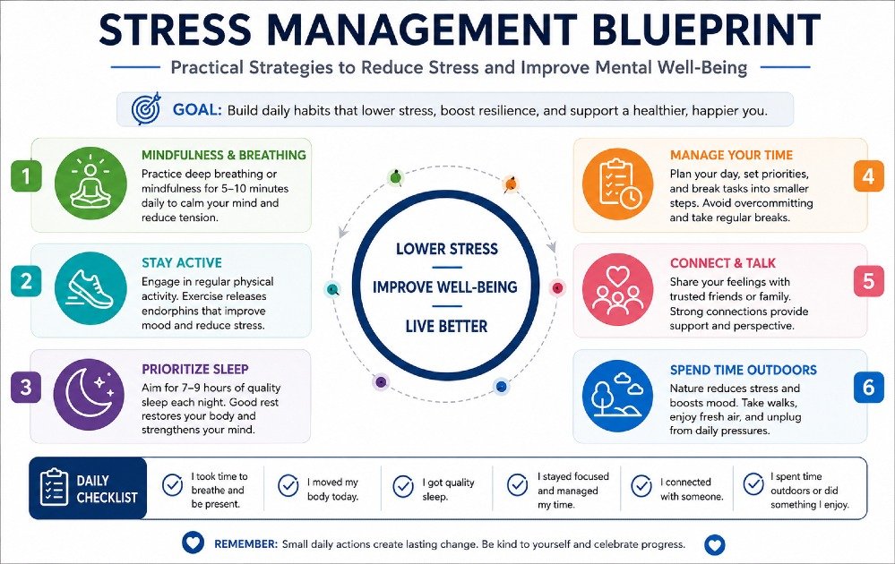 Stress management blueprint showing practical strategies to reduce stress and improve mental well-being