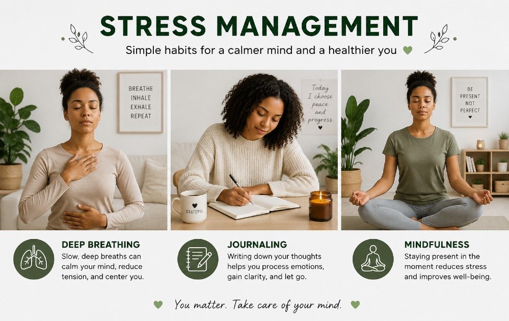 Person practicing stress management habits like deep breathing, journaling, and mindfulness to support mental wellness and emotional balance.