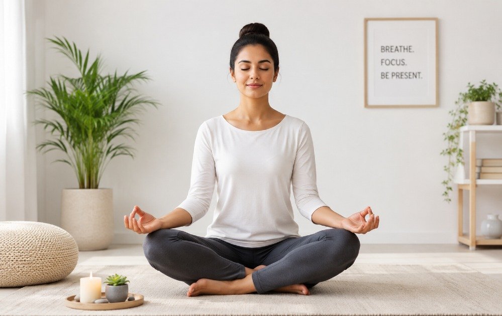 Person practicing mindfulness meditation to manage stress and improve mental calm and focus