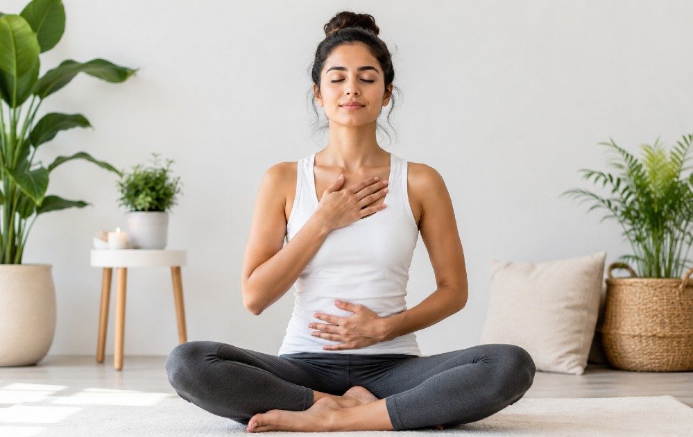 Person practicing meditation and deep breathing to reduce stress and support long-term physical and mental health.