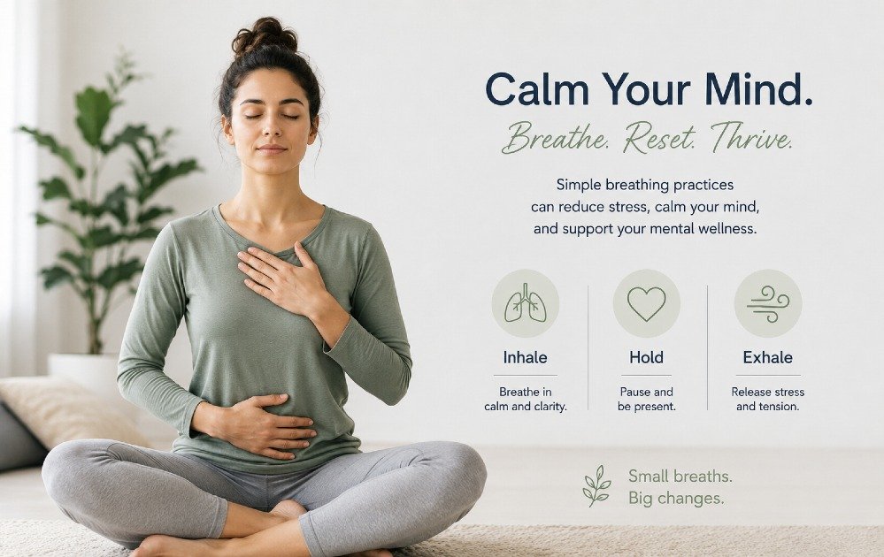 Person practicing calm breathing to manage stress and support mental wellness