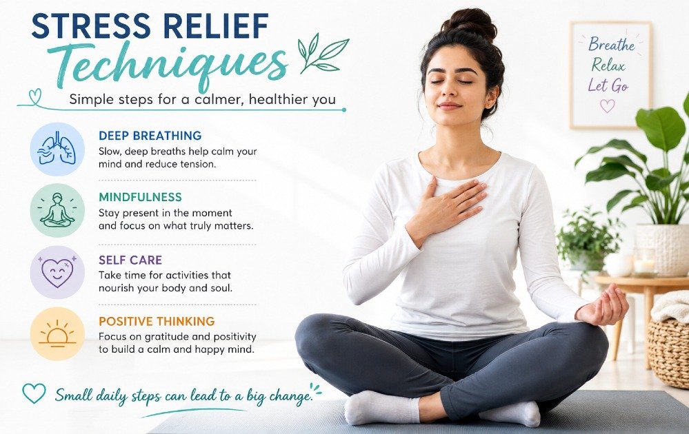 Person practicing simple stress relief techniques including deep breathing and mindfulness to reduce anxiety and improve calm.