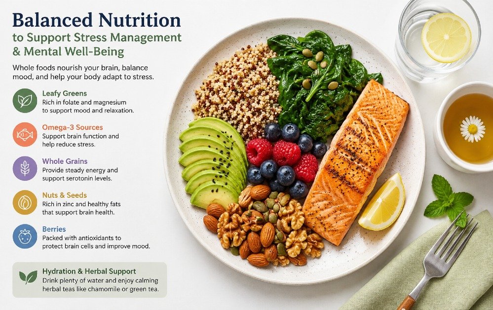 Balanced meal with whole foods supporting stress management and mental well-being
