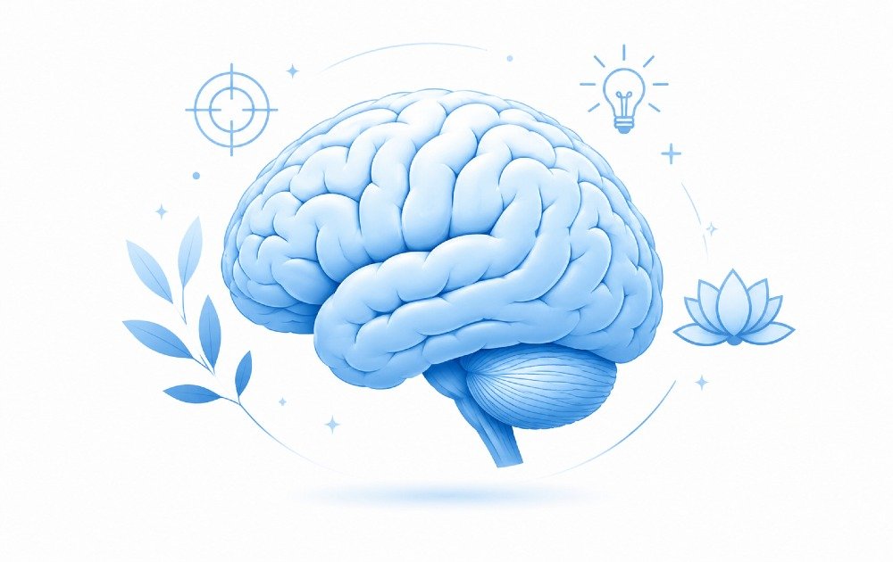 Clean, minimal illustration of a healthy brain symbolizing cognitive support, focus, and mental clarity.