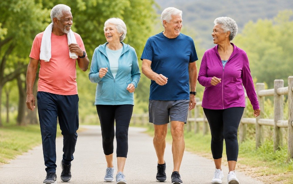 Active older adults walking outdoors, symbolizing healthy aging, mobility, and long-term vitality.