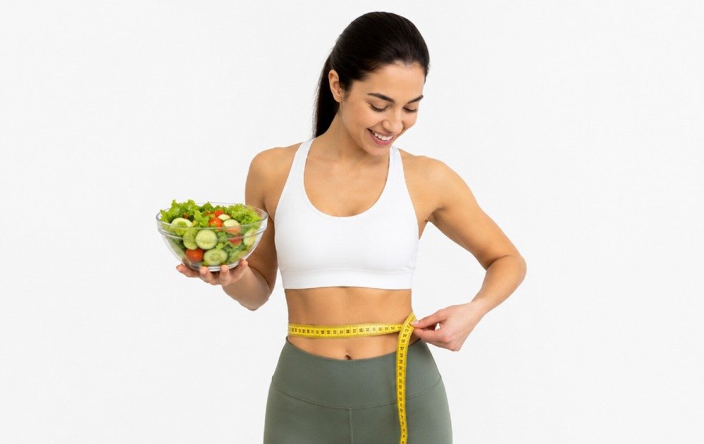 Person measuring waist with tape measure and holding healthy food, symbolizing healthy weight management.