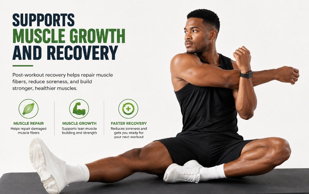 Athlete performing post-workout recovery stretch highlighting muscle repair and growth support