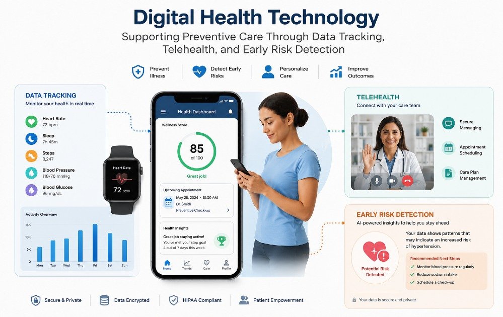 Digital health technology supporting preventive care through data tracking, telehealth, and early risk detection.