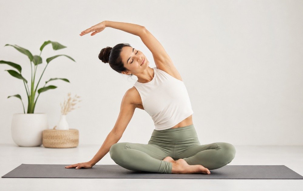 Person practicing yoga and gentle stretching in a calm, mindful pose for flexibility and relaxation.