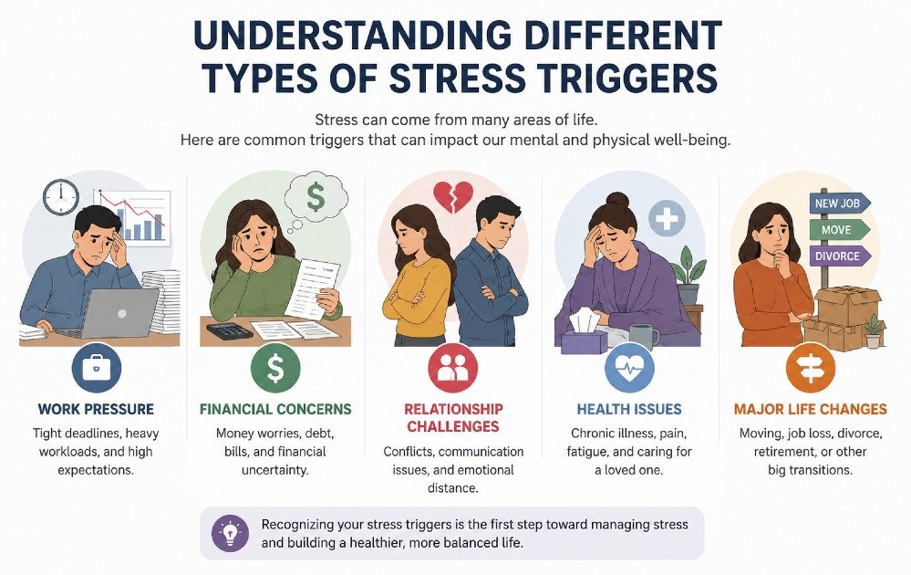 Illustration showing common stress triggers, including work pressure, financial concerns, relationship challenges, health issues, and major life changes.