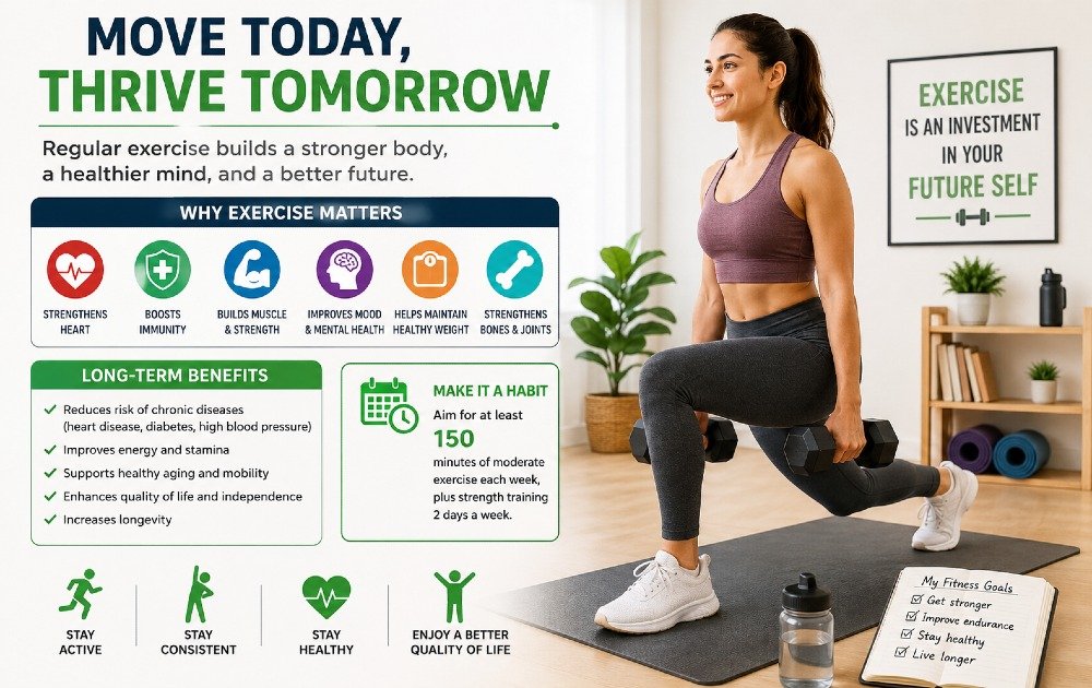 Person engaging in regular physical activity while learning the importance of exercise for long-term health and fitness.