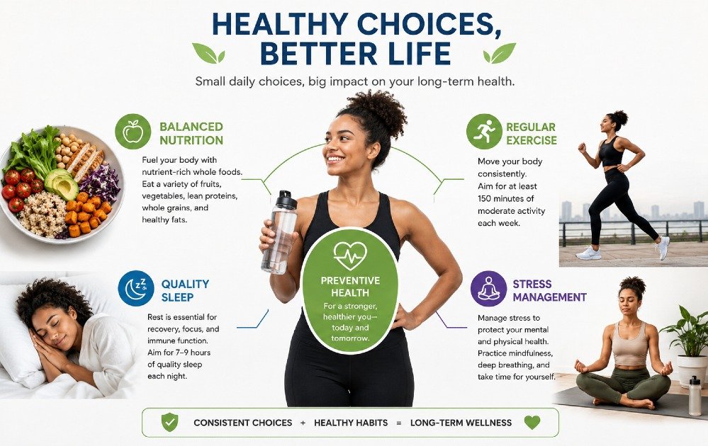 Person making healthy lifestyle choices through balanced nutrition, regular exercise, quality sleep, and stress management to support long-term preventive health.