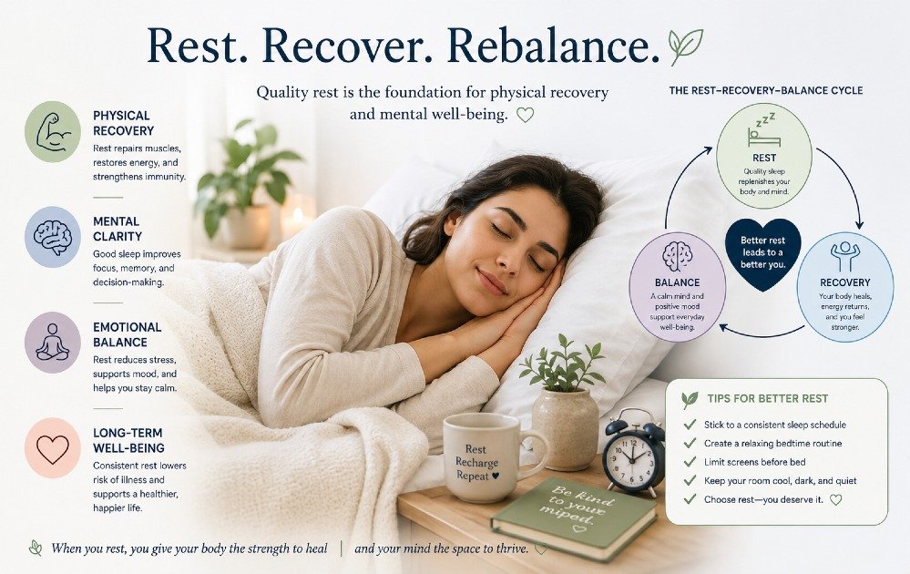Person resting peacefully while highlighting the connection between physical recovery, rest, and mental health balance.